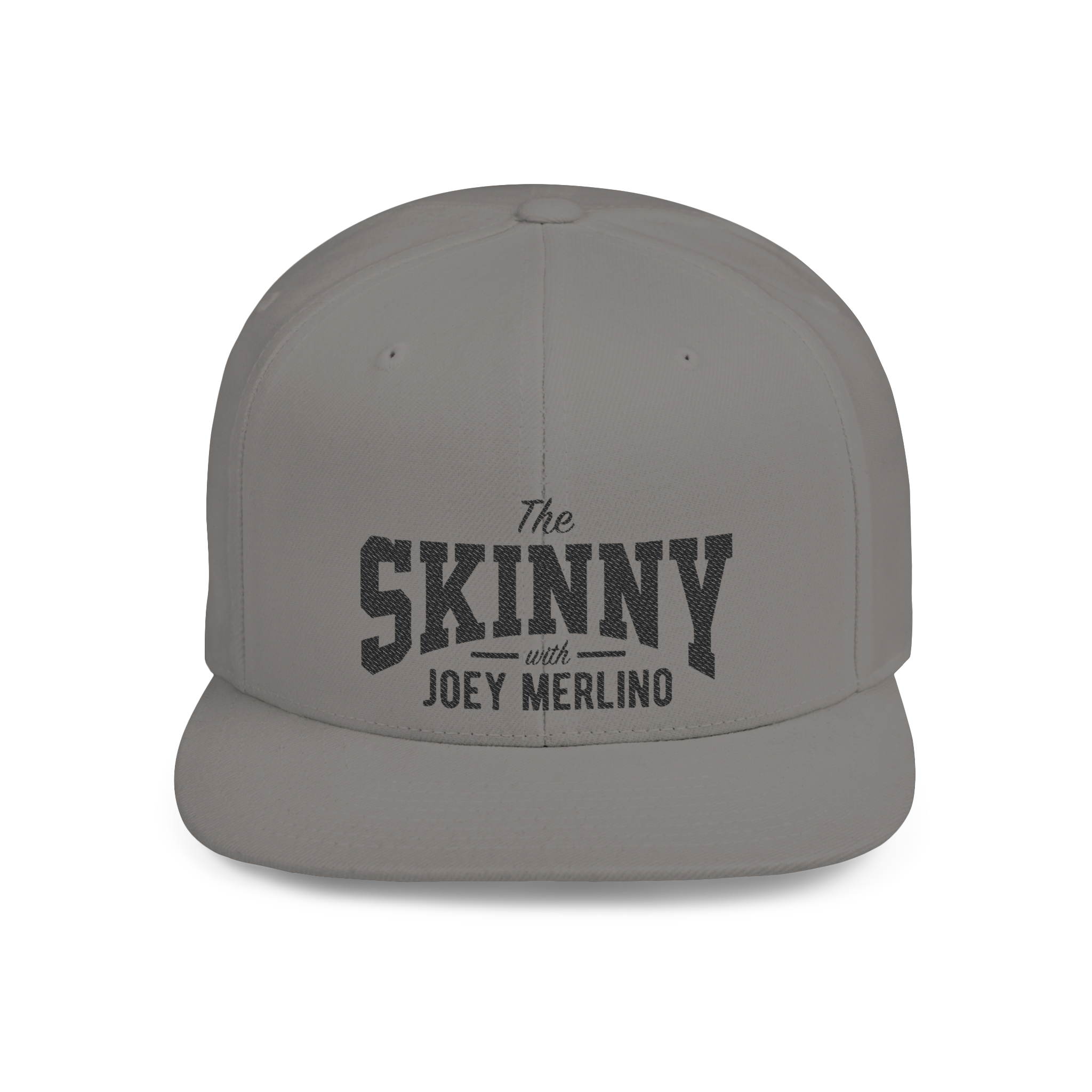 Gray cap with 'The Skinny with Joey Merlin' text on a white background