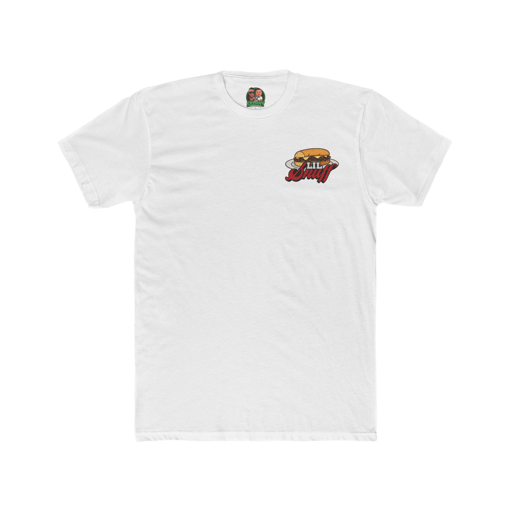 White t-shirt with a graphic design on a white background