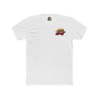 White t-shirt with a graphic design on a white background