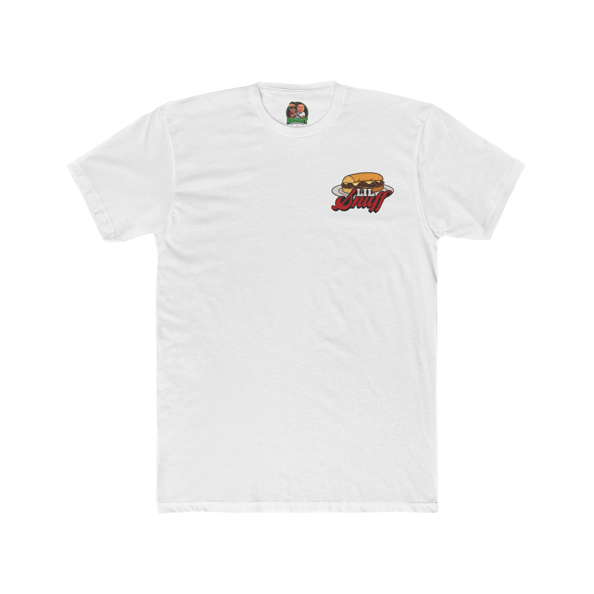 White t-shirt with a graphic design on a white background