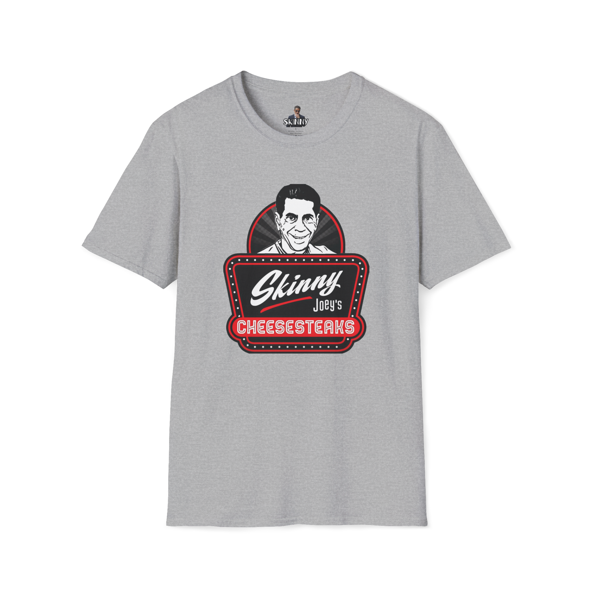 Gray t-shirt with 'Skinny Joey's Cheesesteaks' graphic on a white background