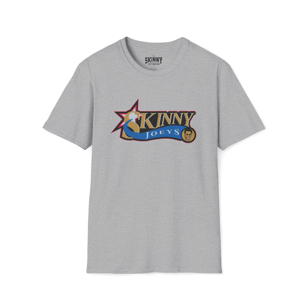 Gray t-shirt with a colorful logo and 'Skinny Joey's' text on a white background