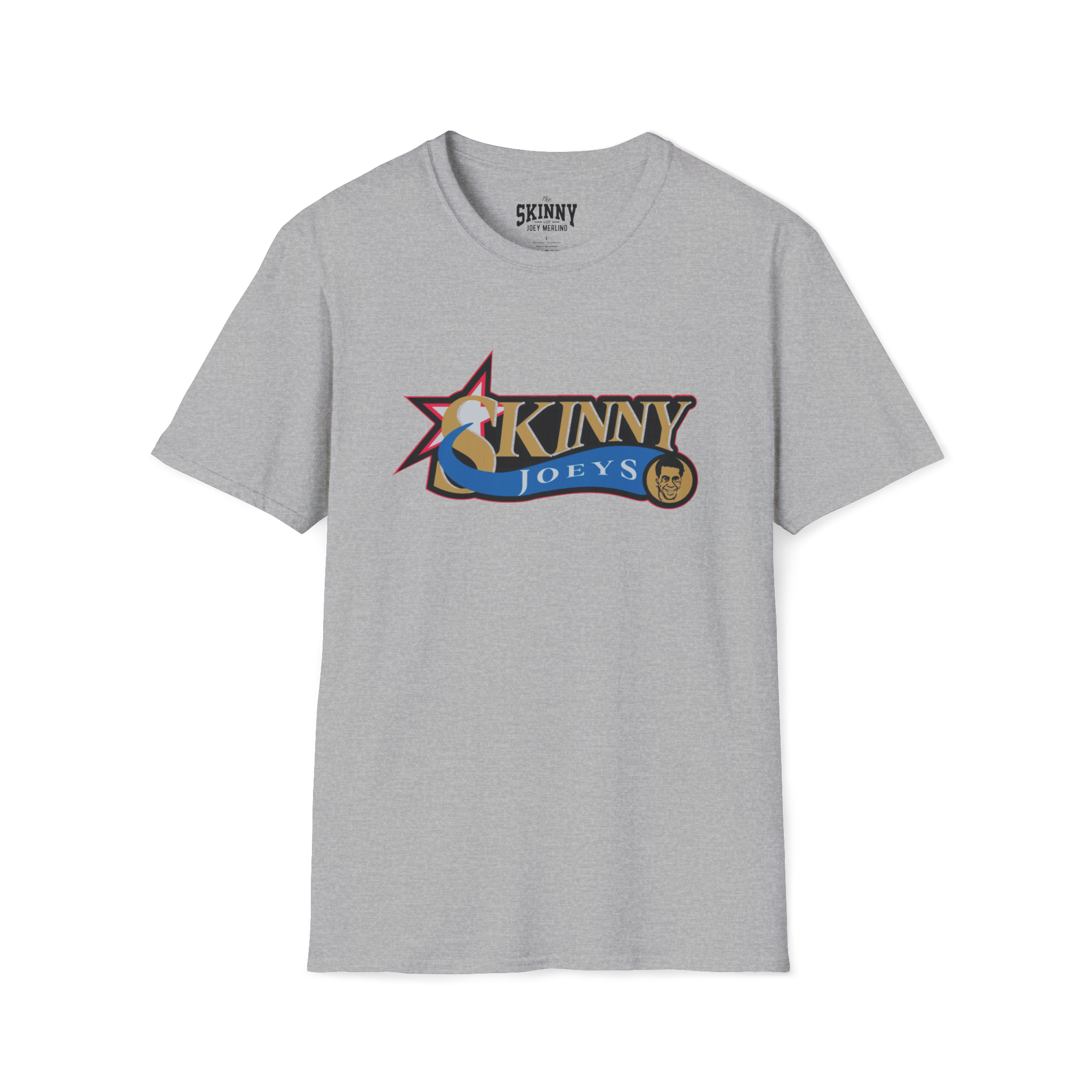 Gray t-shirt with a colorful logo and 'Skinny Joey's' text on a white background