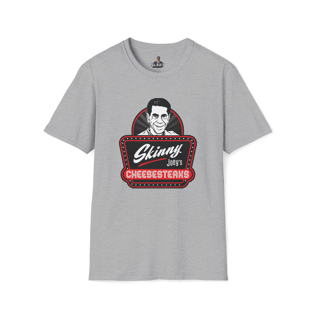Gray t-shirt with 'Skinny Joey's Cheesesteaks' graphic on a white background