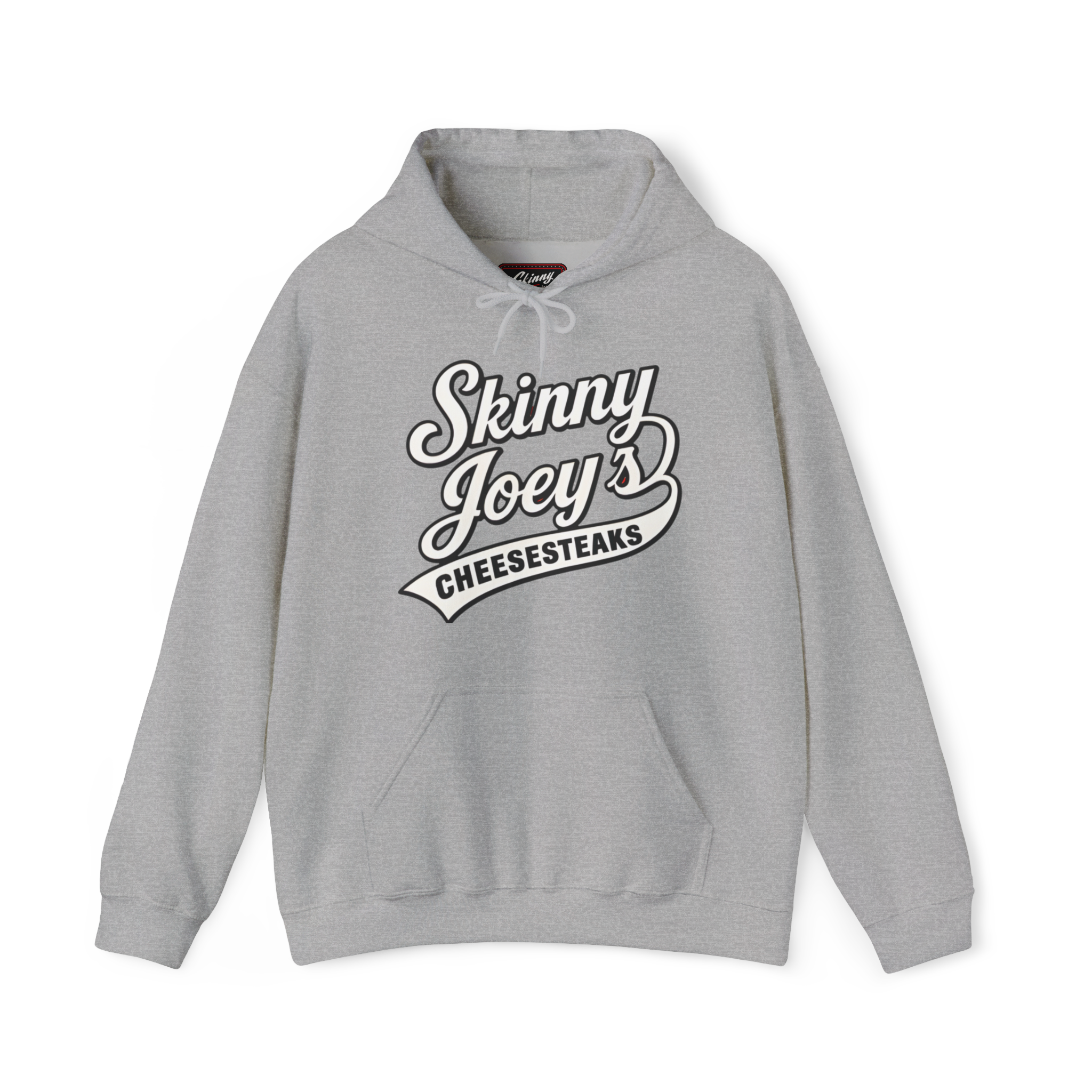 Gray hoodie with 'Skinny Joey's Cheesesteaks' text on a white background