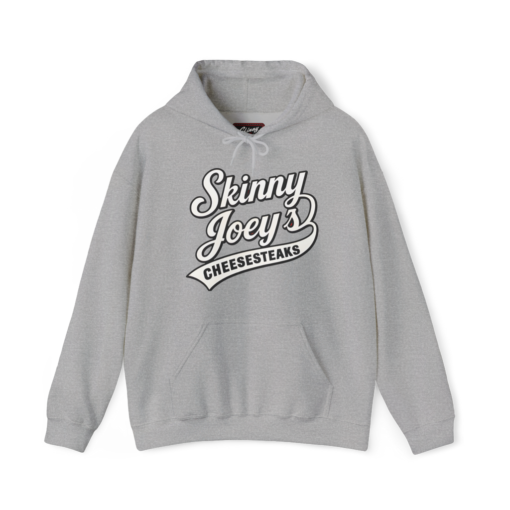 Gray hoodie with 'Skinny Joey's Cheesesteaks' text on a white background