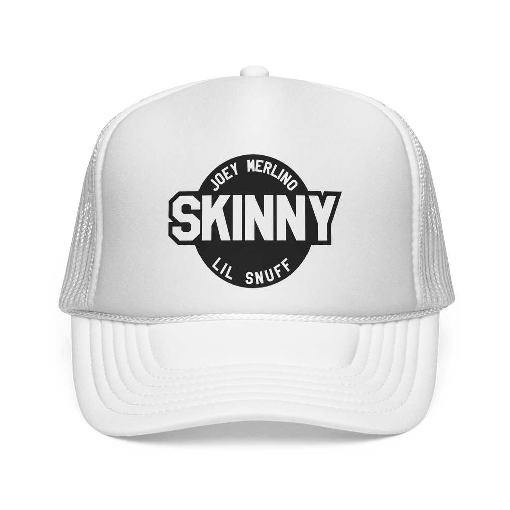 White trucker cap with black logo and text on a white background
