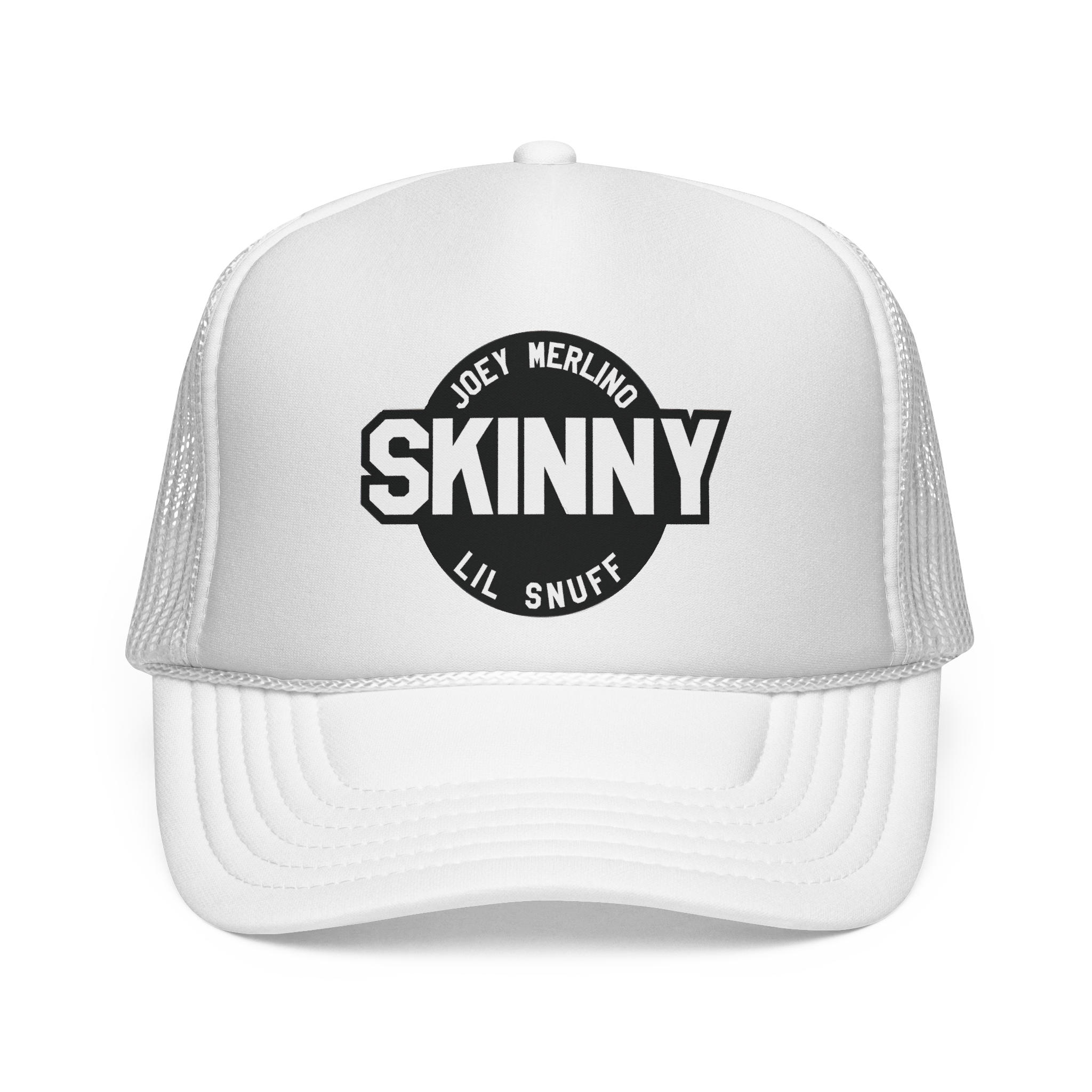 White trucker cap with black logo and text on a white background