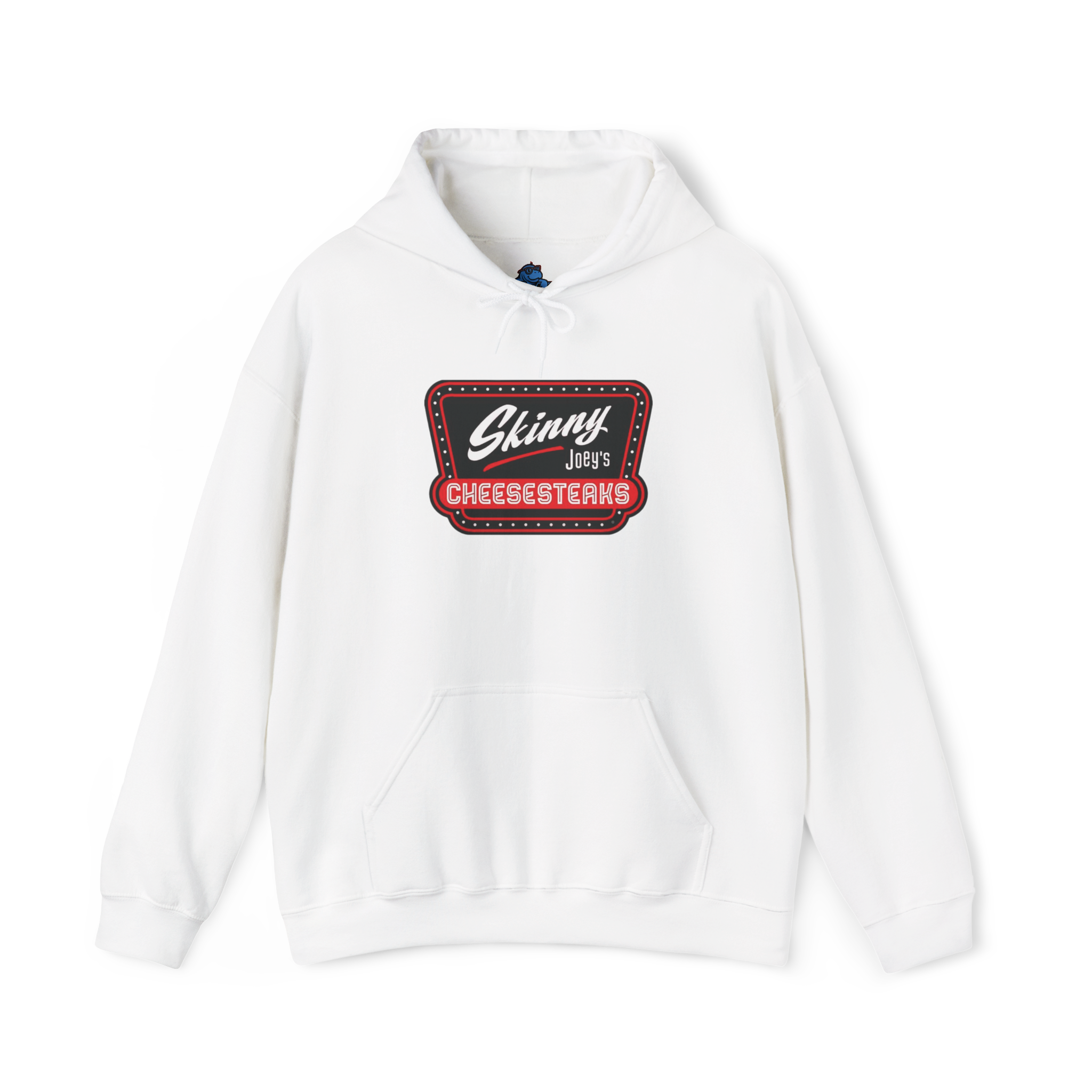White hoodie with 'Skinny Jets Cheesesteaks' logo on a white background