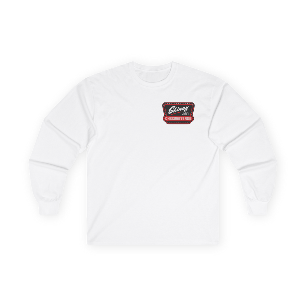 White sweatshirt with a logo patch on a white background