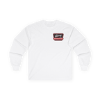 White sweatshirt with a logo patch on a white background
