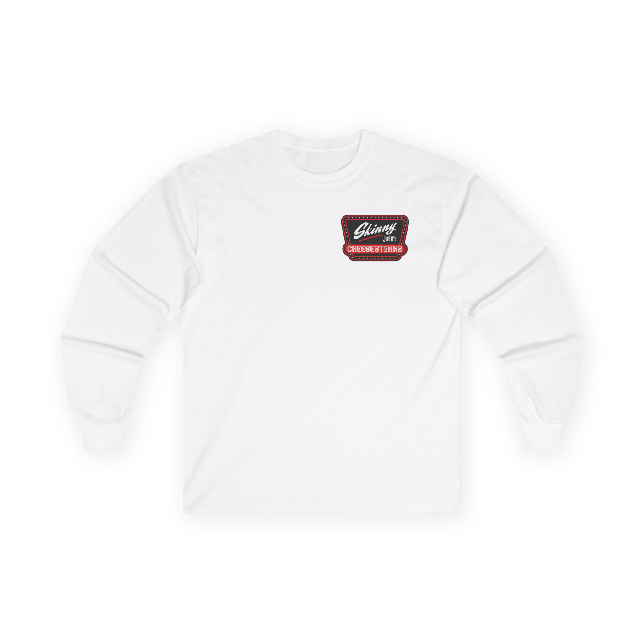 White sweatshirt with a logo patch on a white background