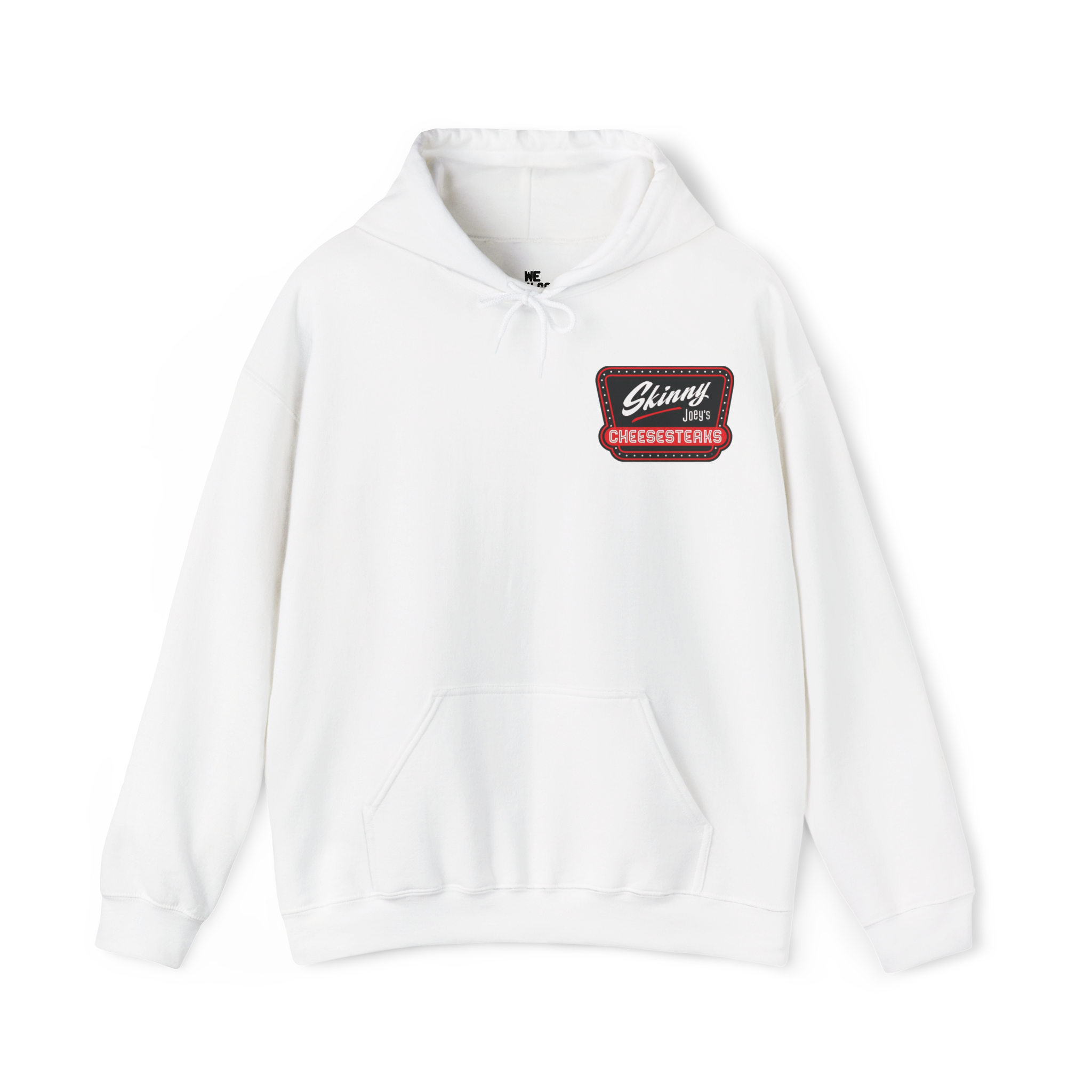 White hoodie with a logo on the chest against a white background