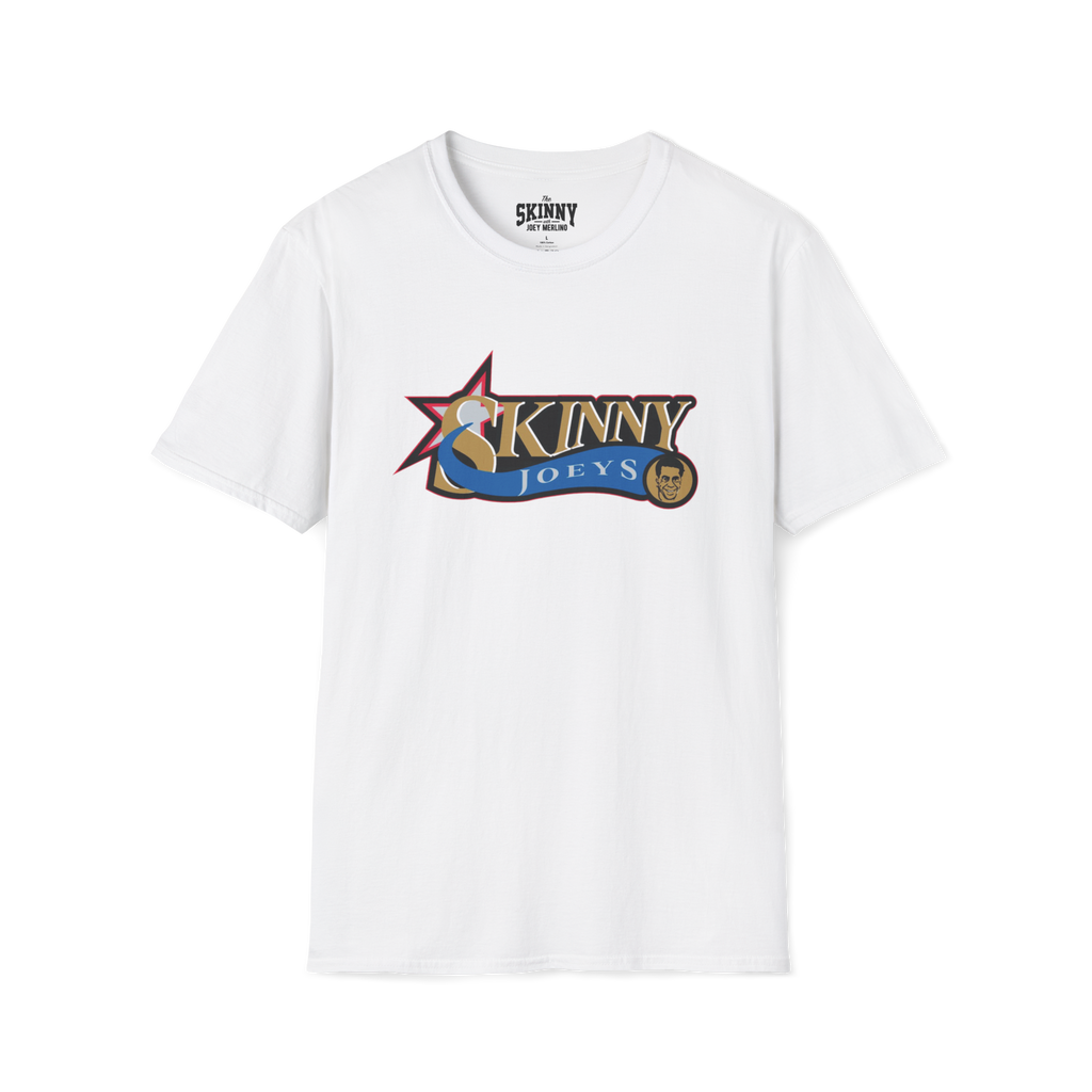 White t-shirt with colorful logo and text on a white background