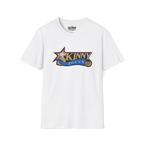 White t-shirt with colorful logo and text on a white background