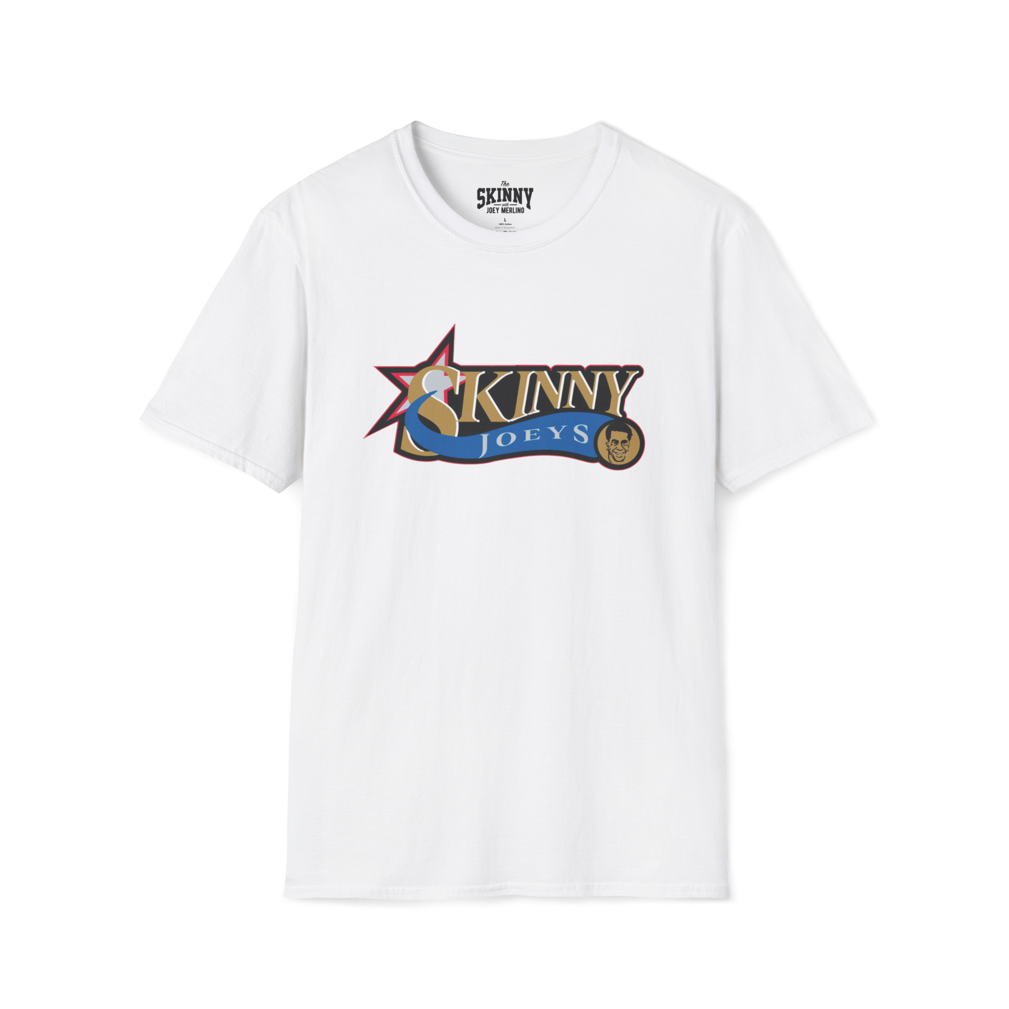 White t-shirt with colorful logo and text on a white background