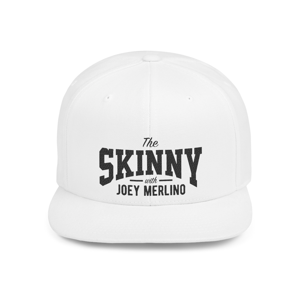 White cap with 'The Skinny with Joey Merlin' text on a white background