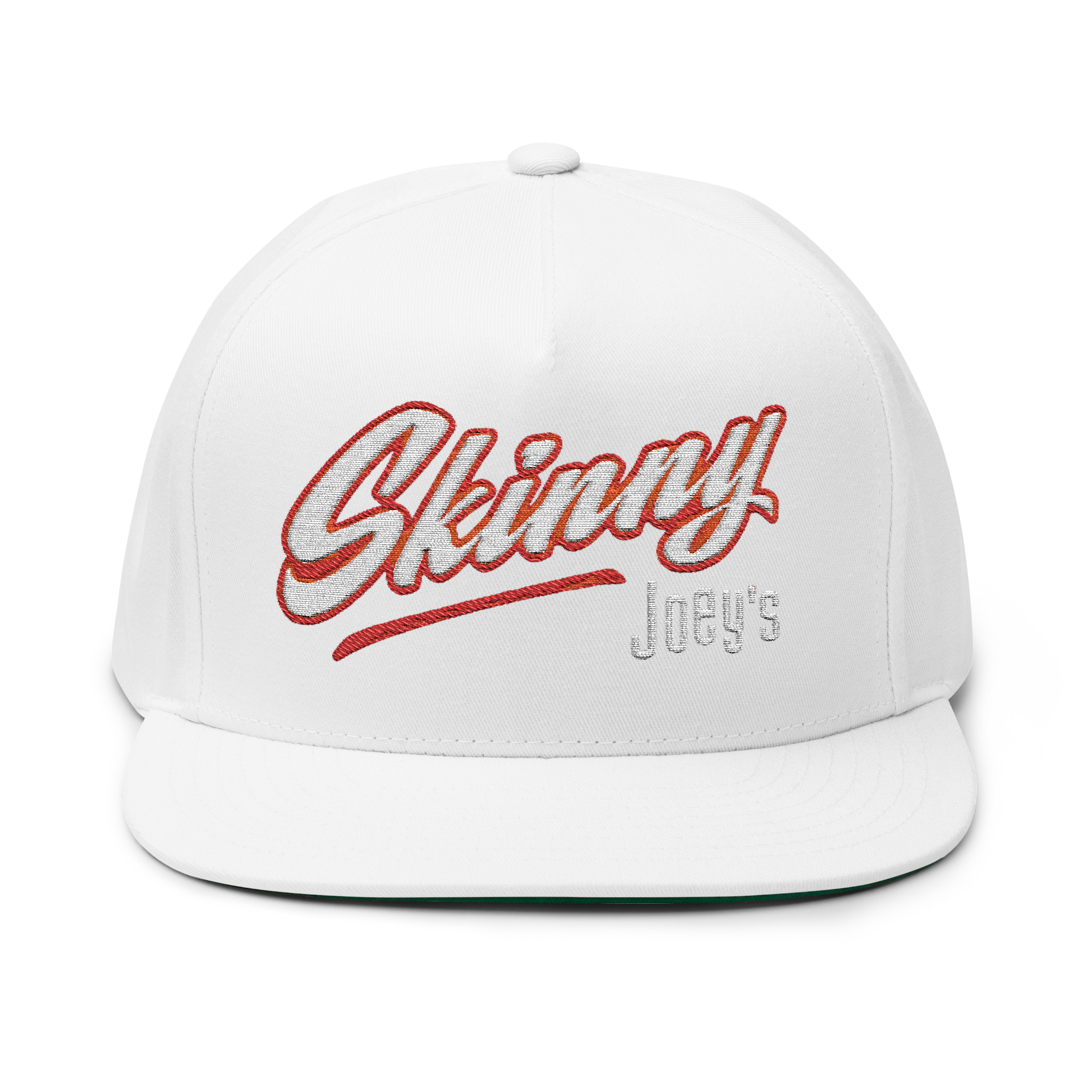 White cap with red and black text on a white background