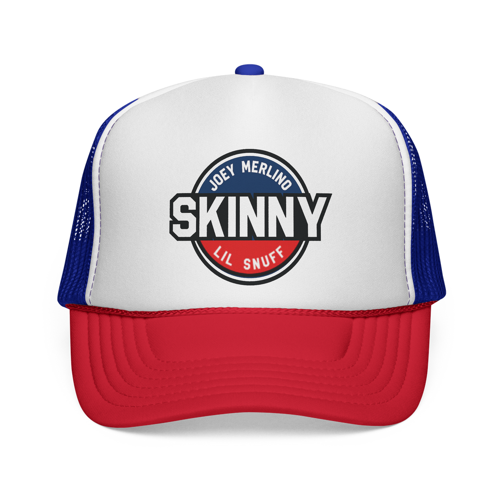 Trucker hat with 'Skinny Lil Snuff' logo on a white background