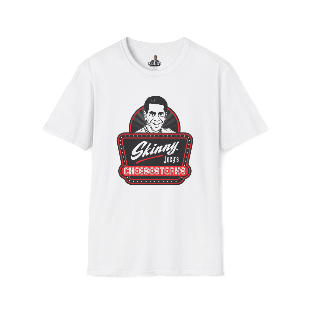 White t-shirt with 'Skinny Joey's Cheesesteaks' graphic on a white background