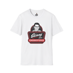 White t-shirt with 'Skinny Joey's Cheesesteaks' graphic on a white background