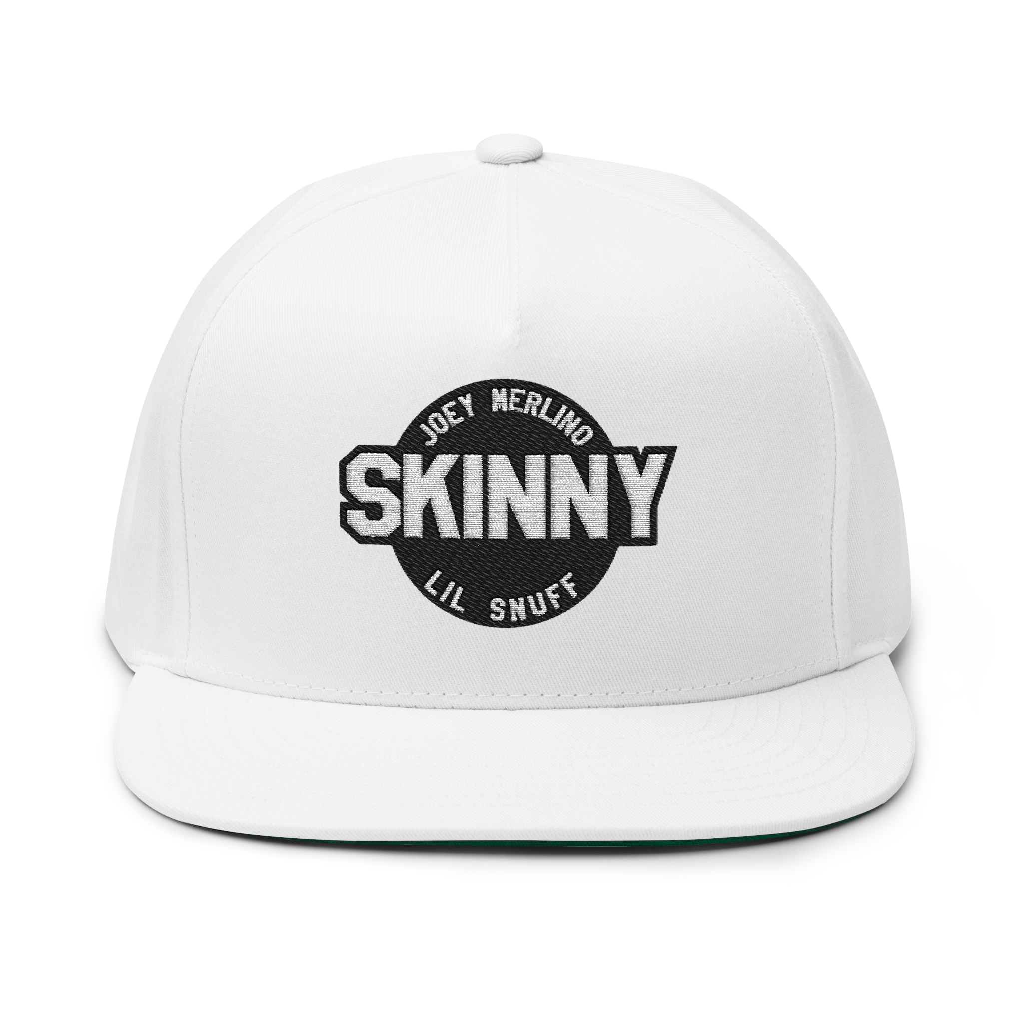 White cap with black text on a white background