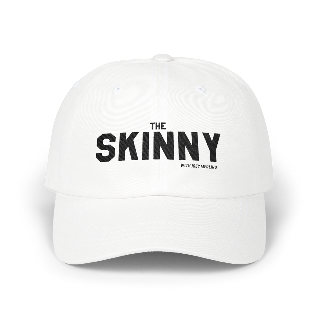 White cap with 'The Skinny' text on a white background