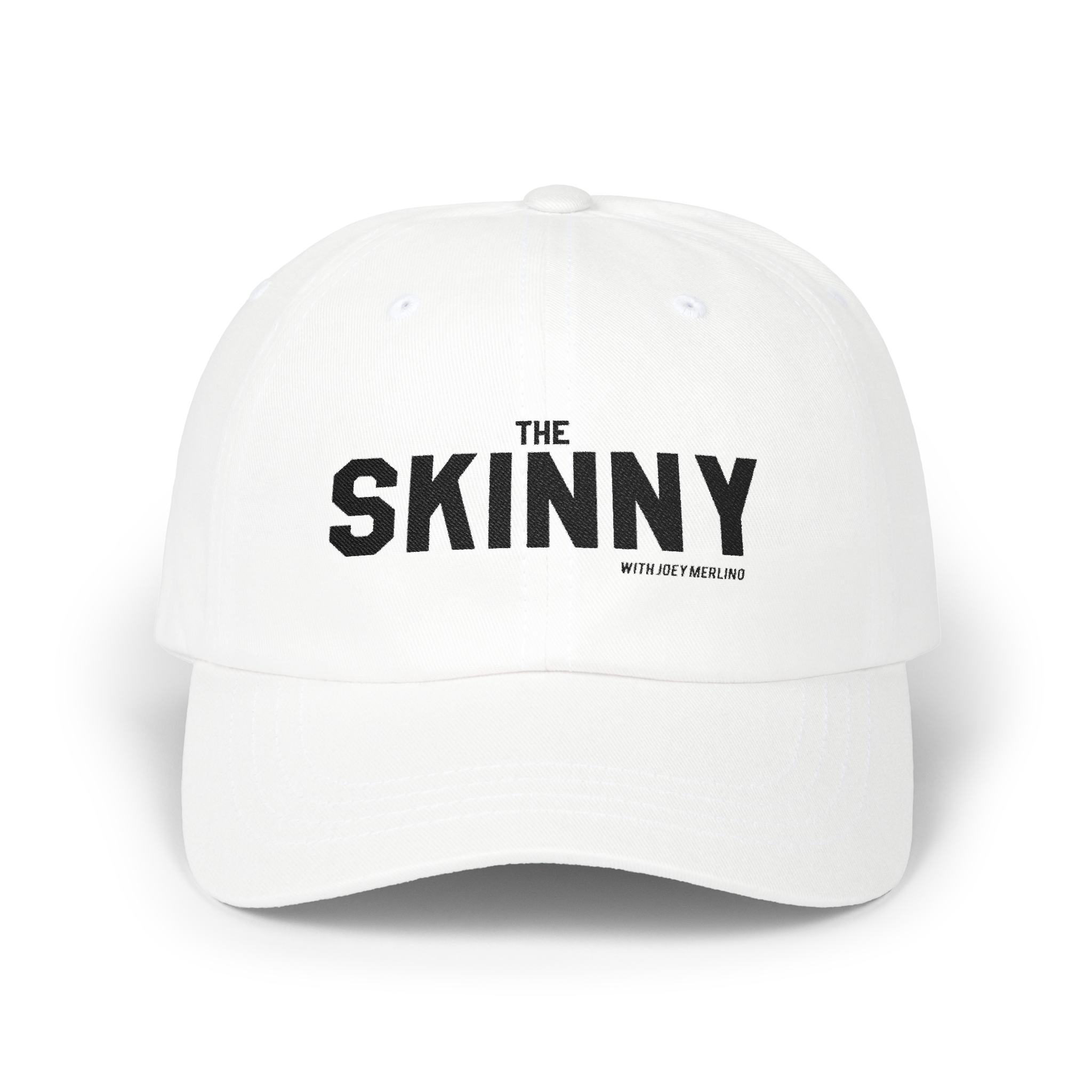 White cap with 'The Skinny' text on a white background