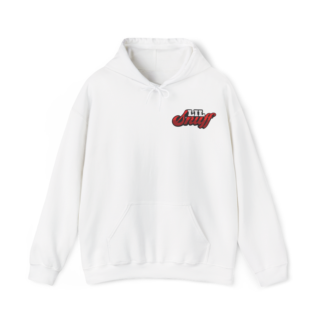 White hoodie with red and black text on a white background