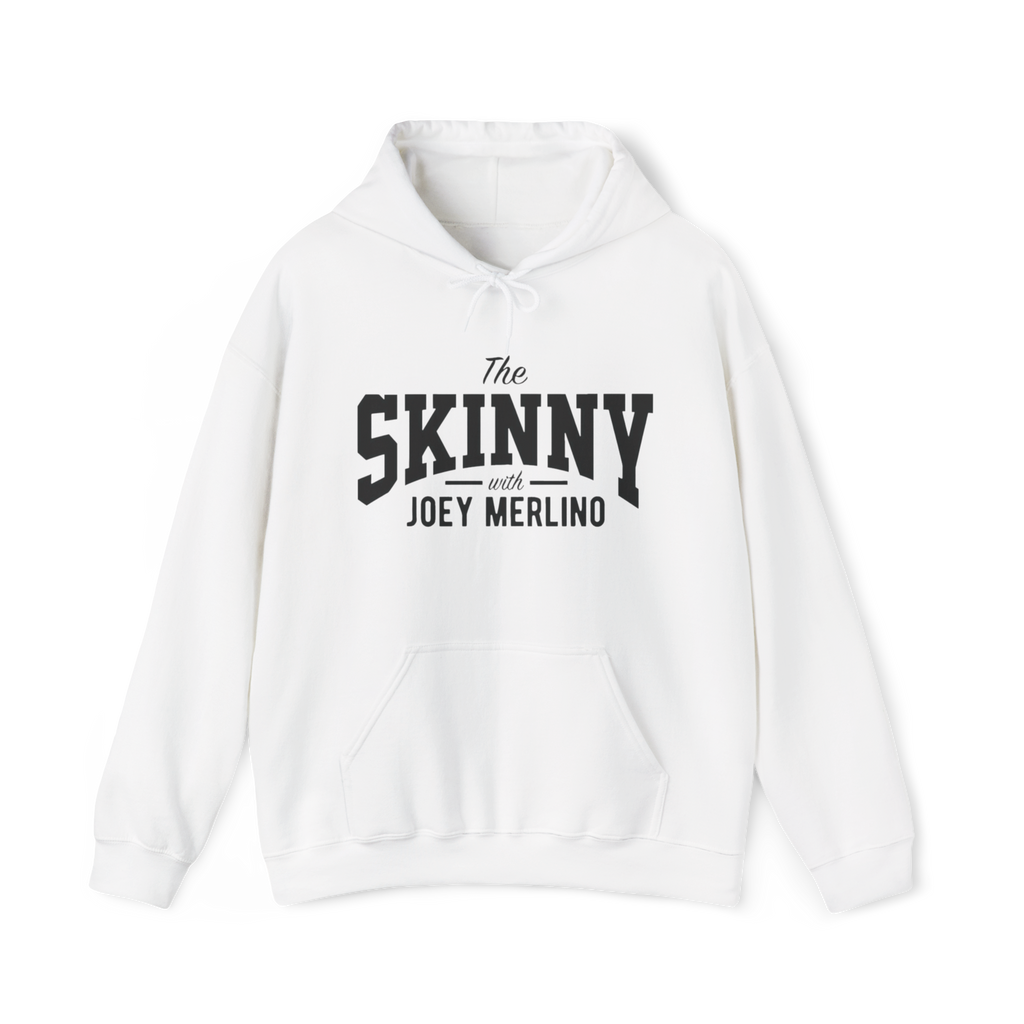 White hoodie with 'The Skinny with Joey Merlin' text on a white background