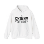 White hoodie with 'The Skinny with Joey Merlin' text on a white background