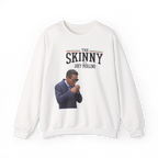 White sweatshirt with a graphic of a man and text 'The Skinny with Joey Merlino' on a white background
