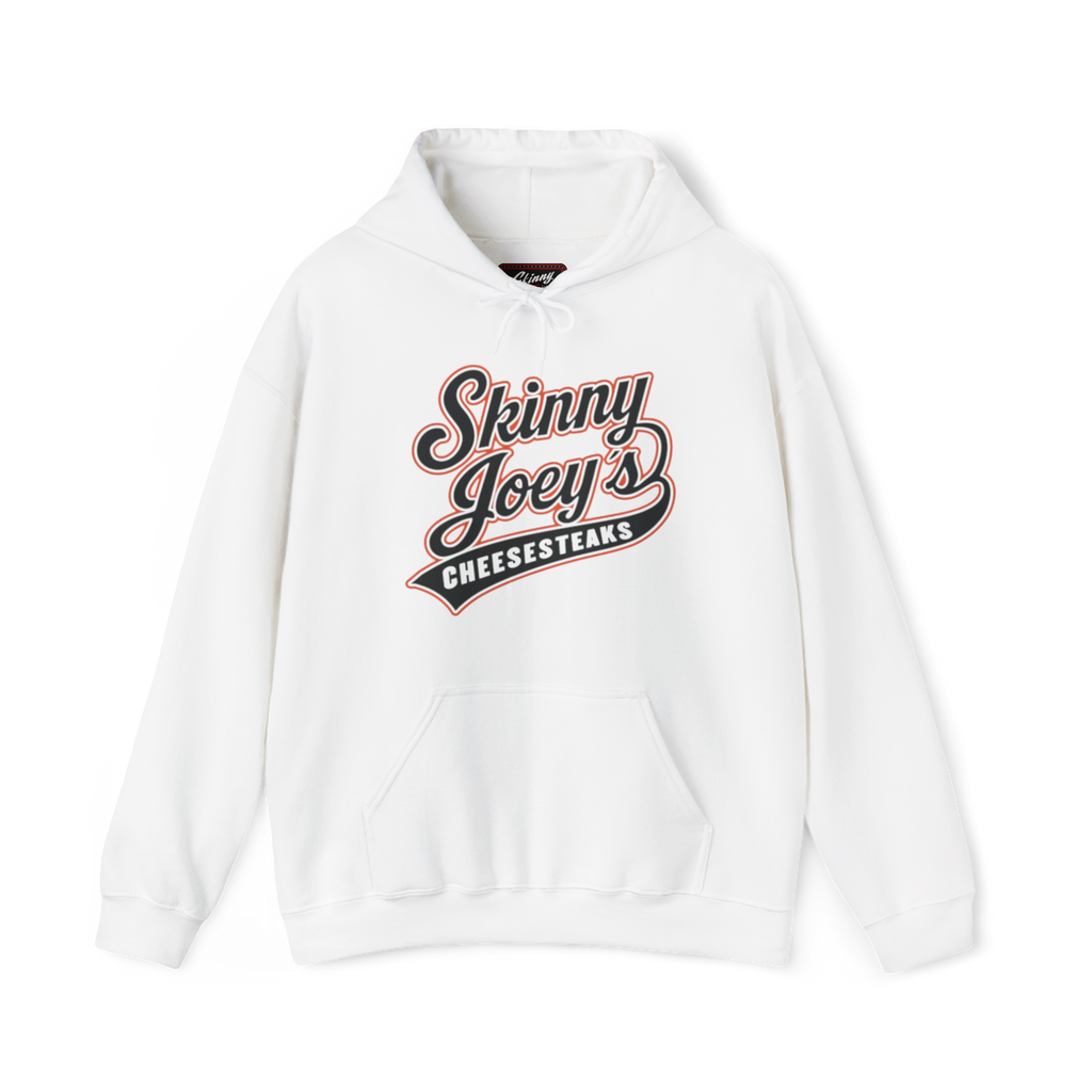 White hoodie with 'Skinny Joey's Cheesesteaks' text on a white background