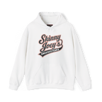 White hoodie with 'Skinny Joey's Cheesesteaks' text on a white background