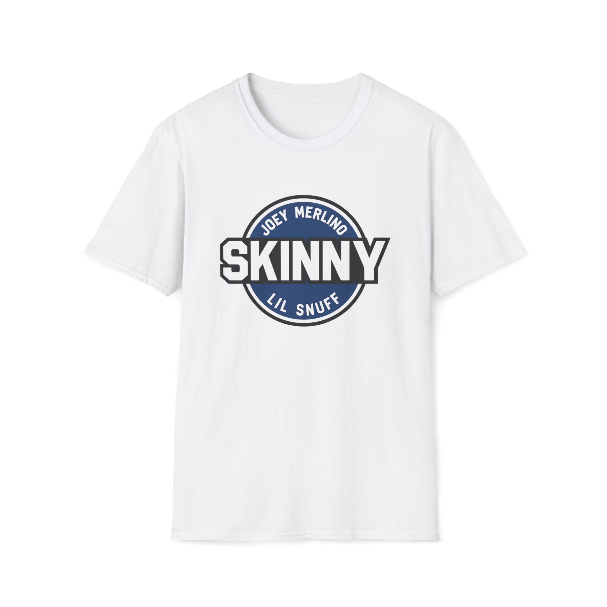 White t-shirt with 'SKINNY' graphic design on a white background