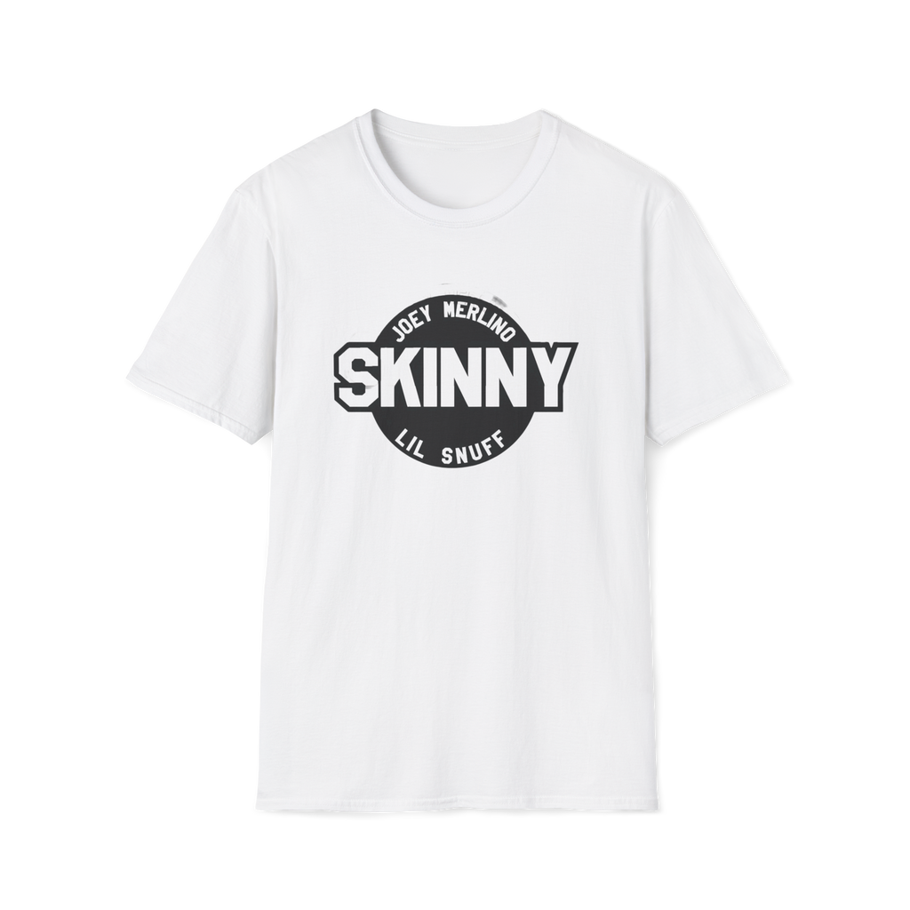 White t-shirt with black graphic design on a white background