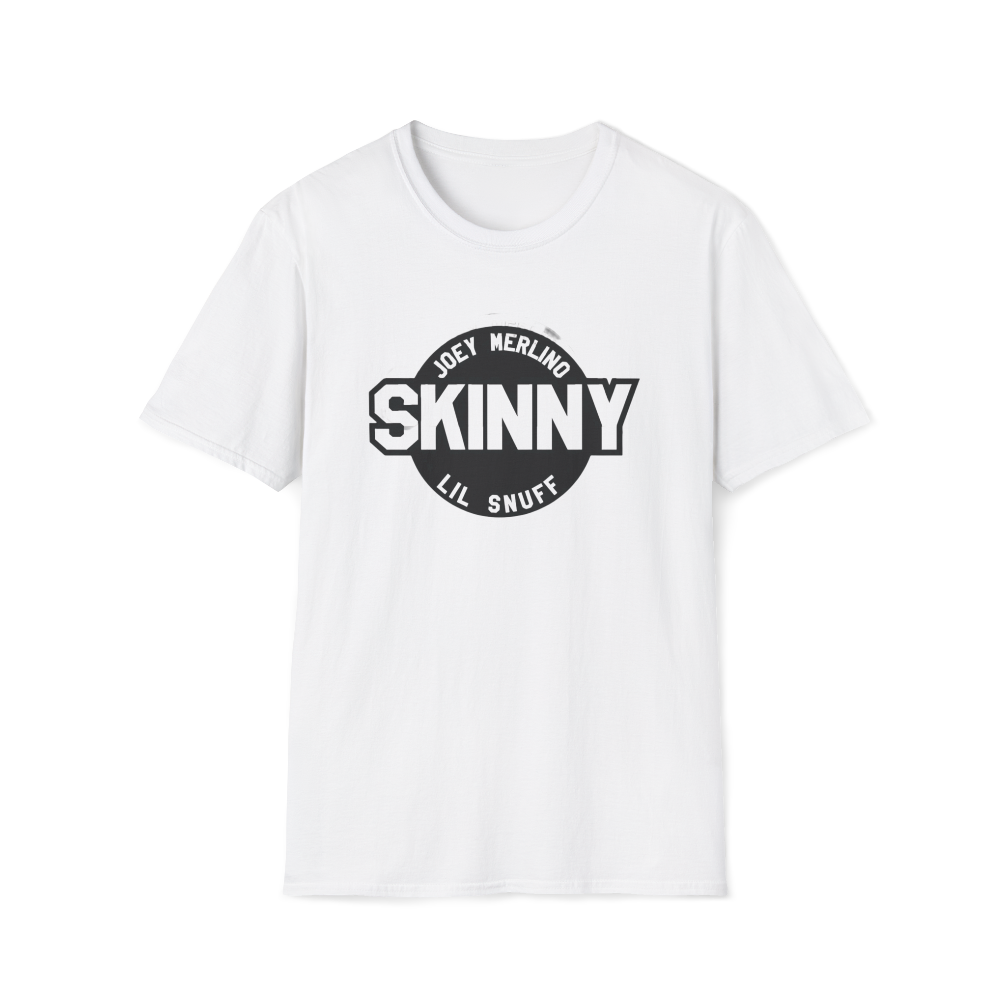 White t-shirt with black graphic design on a white background