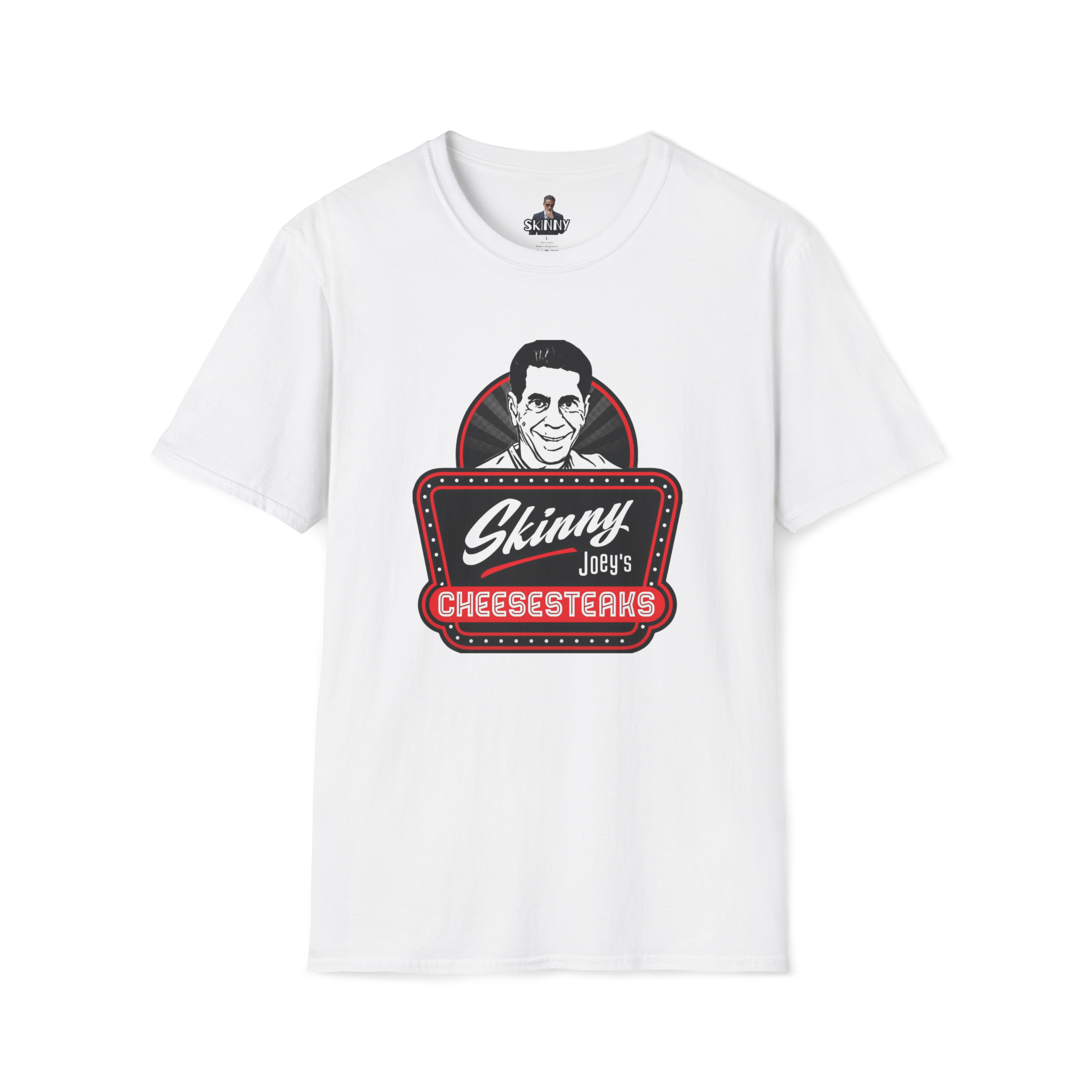 White t-shirt with 'Skinny Joey's Cheesesteaks' graphic on a white background