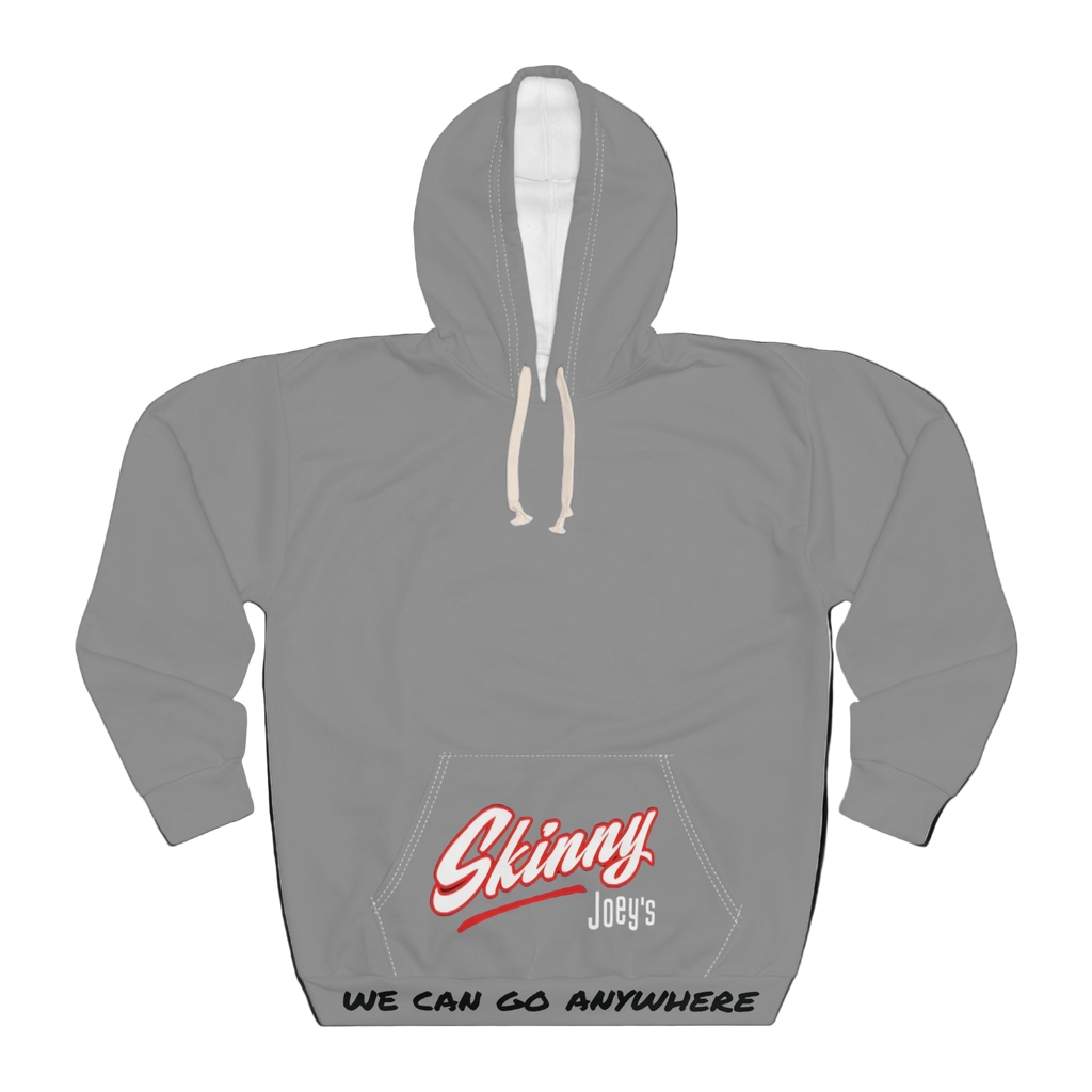 Gray hoodie with 'Skinny Joey's' logo and text on a white background