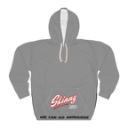 Gray hoodie with 'Skinny Joey's' logo and text on a white background