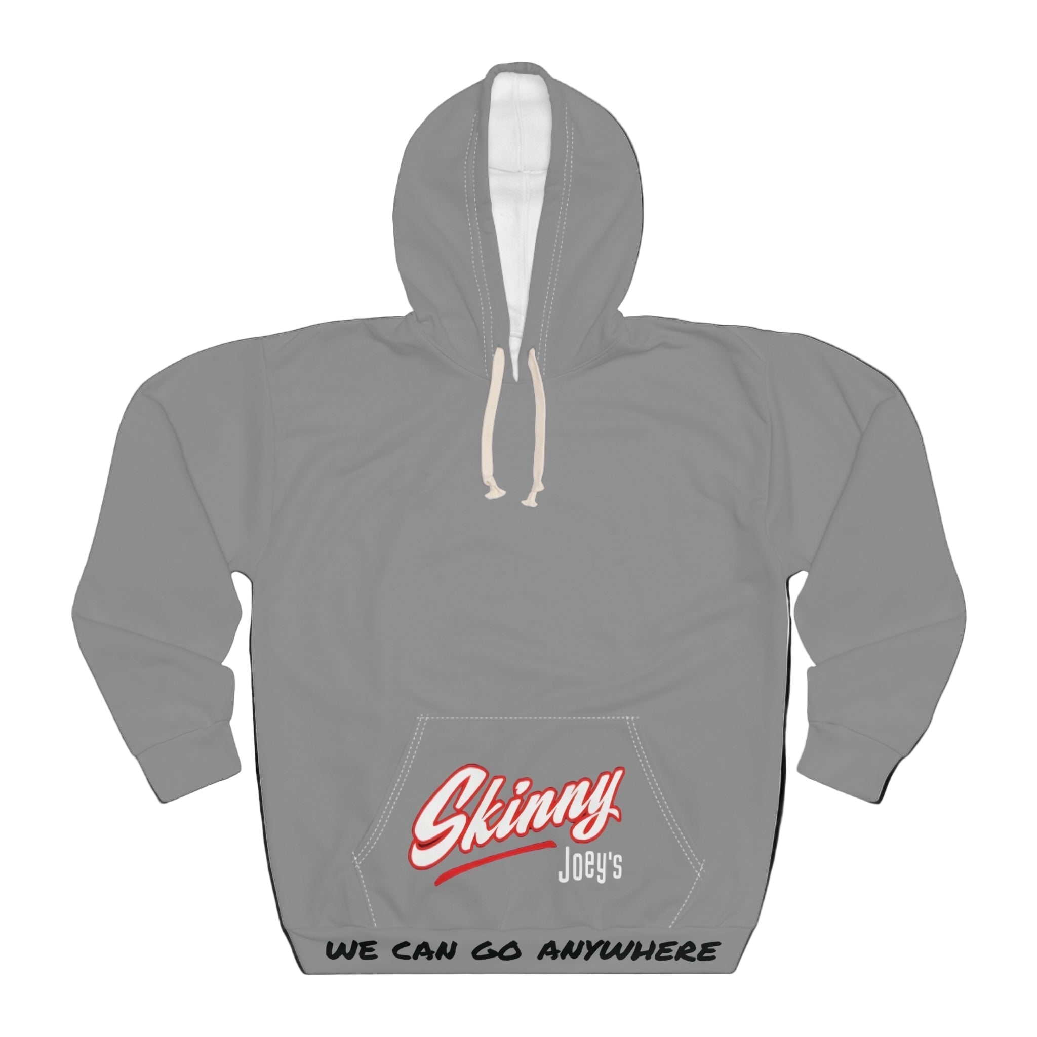 Gray hoodie with 'Skinny Joey's' logo and text on a white background
