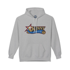 Gray hoodie with colorful logo on a white background