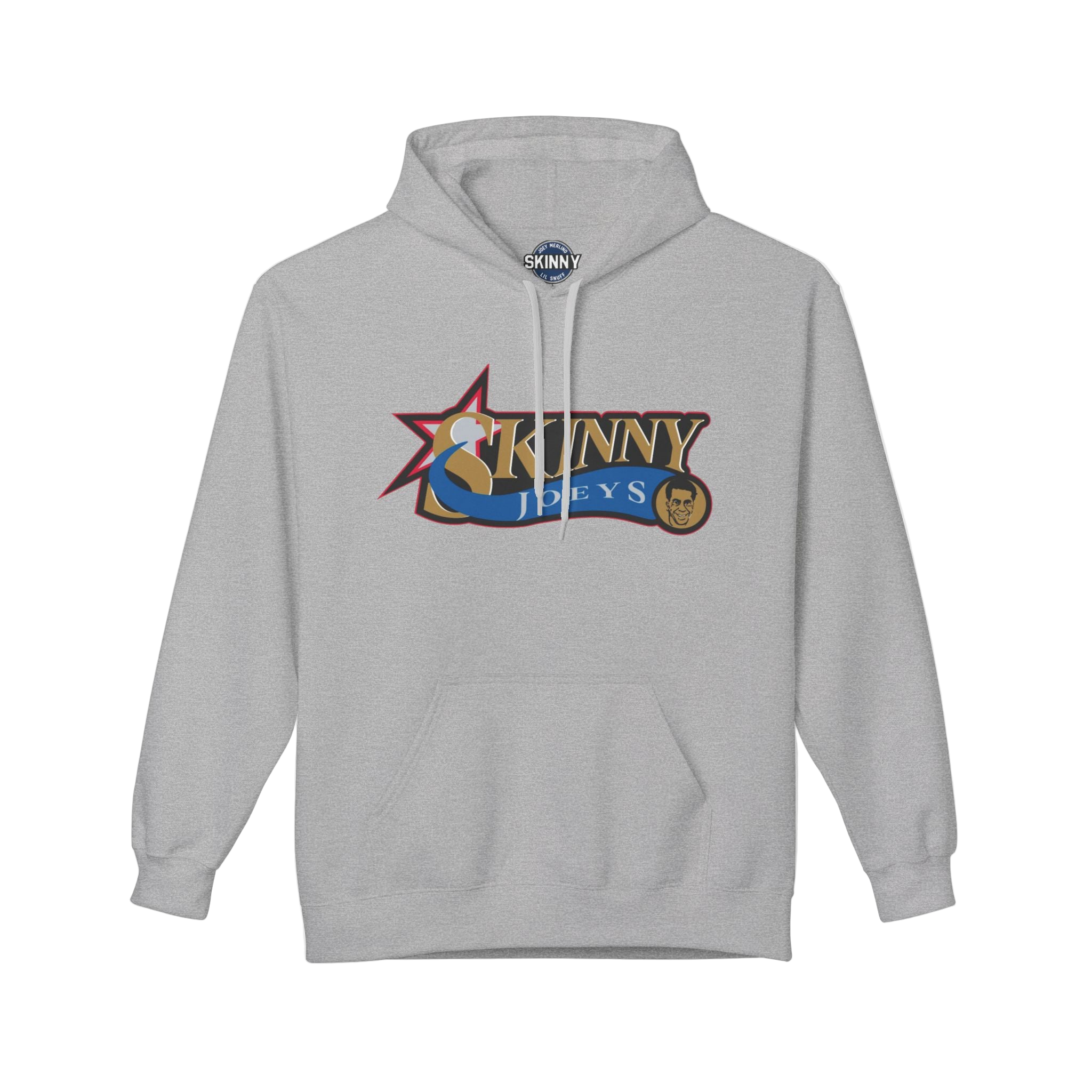 Gray hoodie with colorful logo on a white background