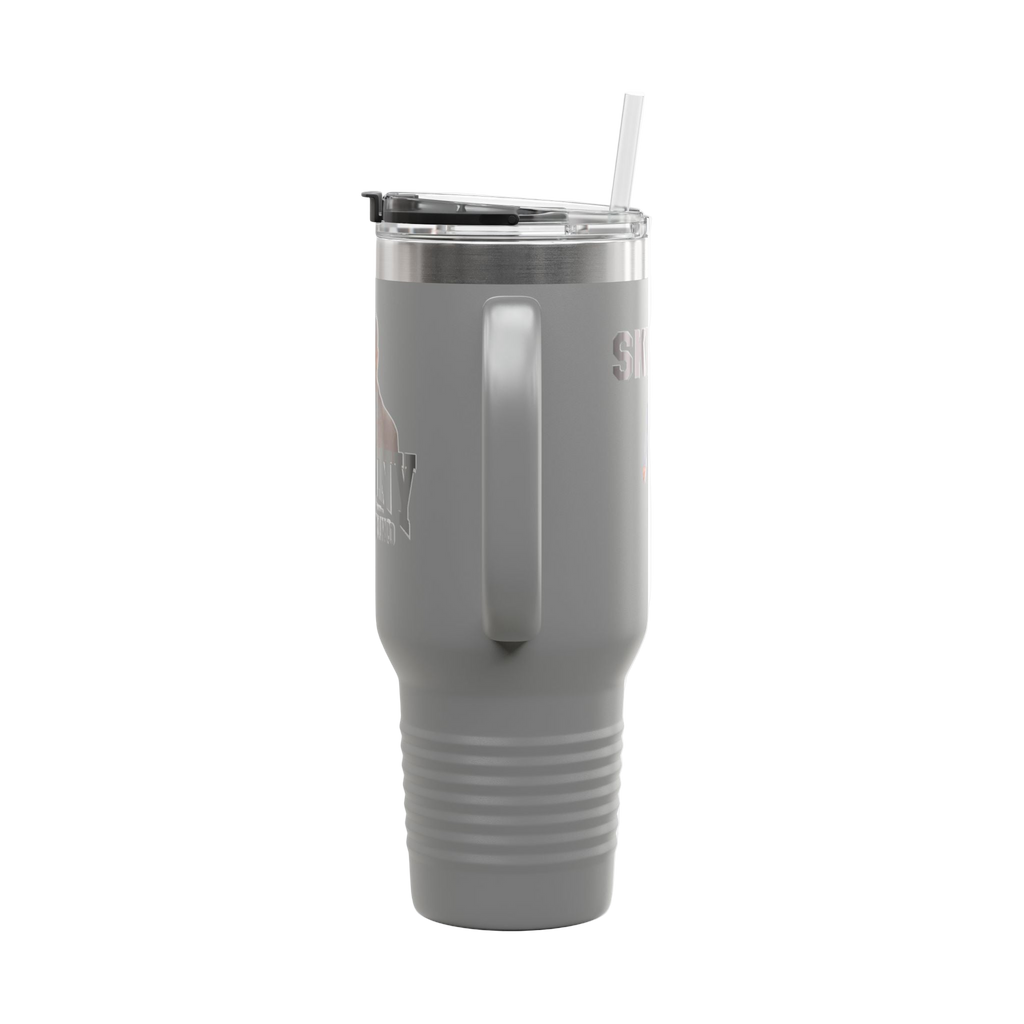 Gray insulated tumbler with a straw on a white background