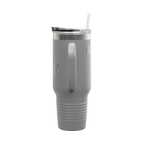 Gray insulated tumbler with a straw on a white background