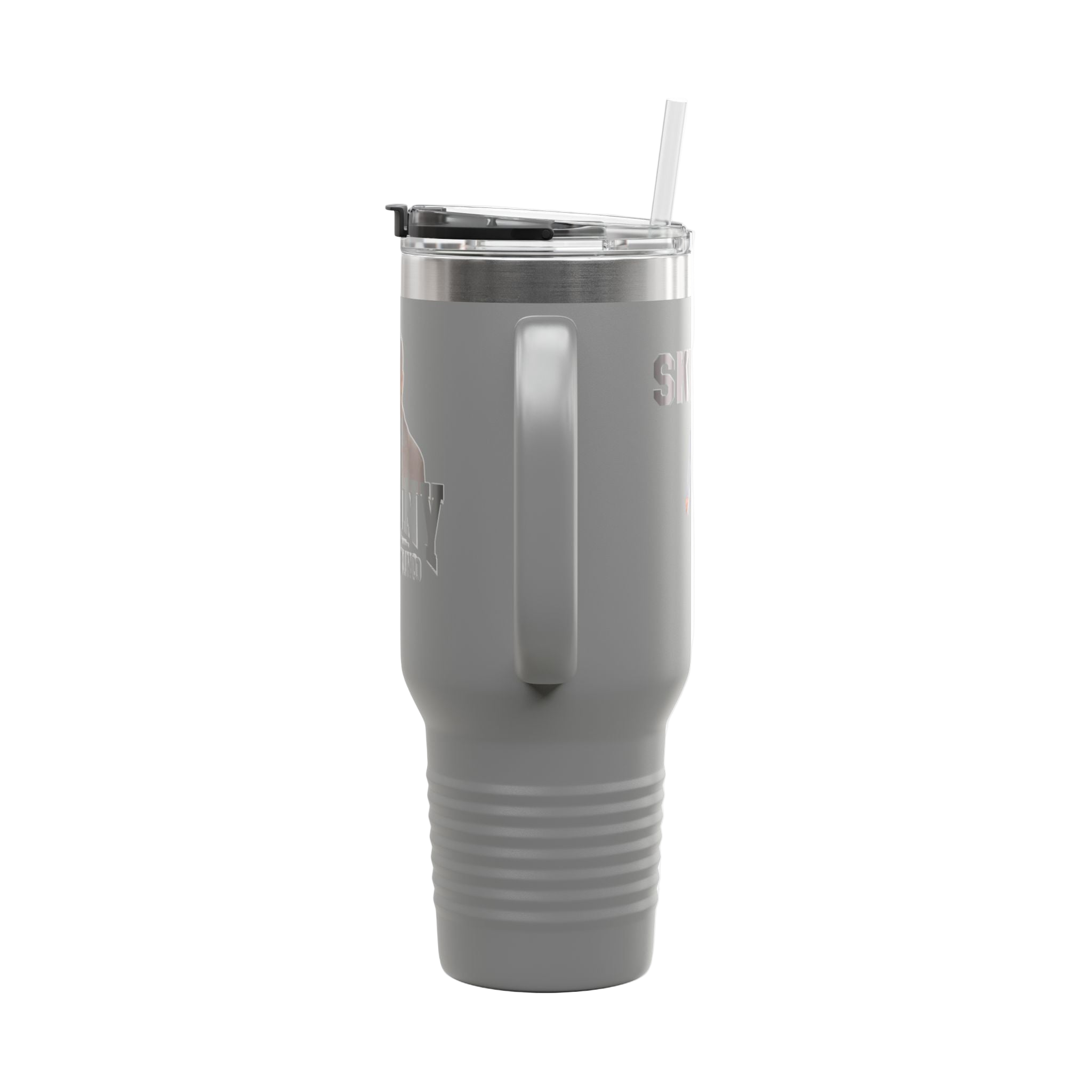 Gray insulated tumbler with a straw on a white background
