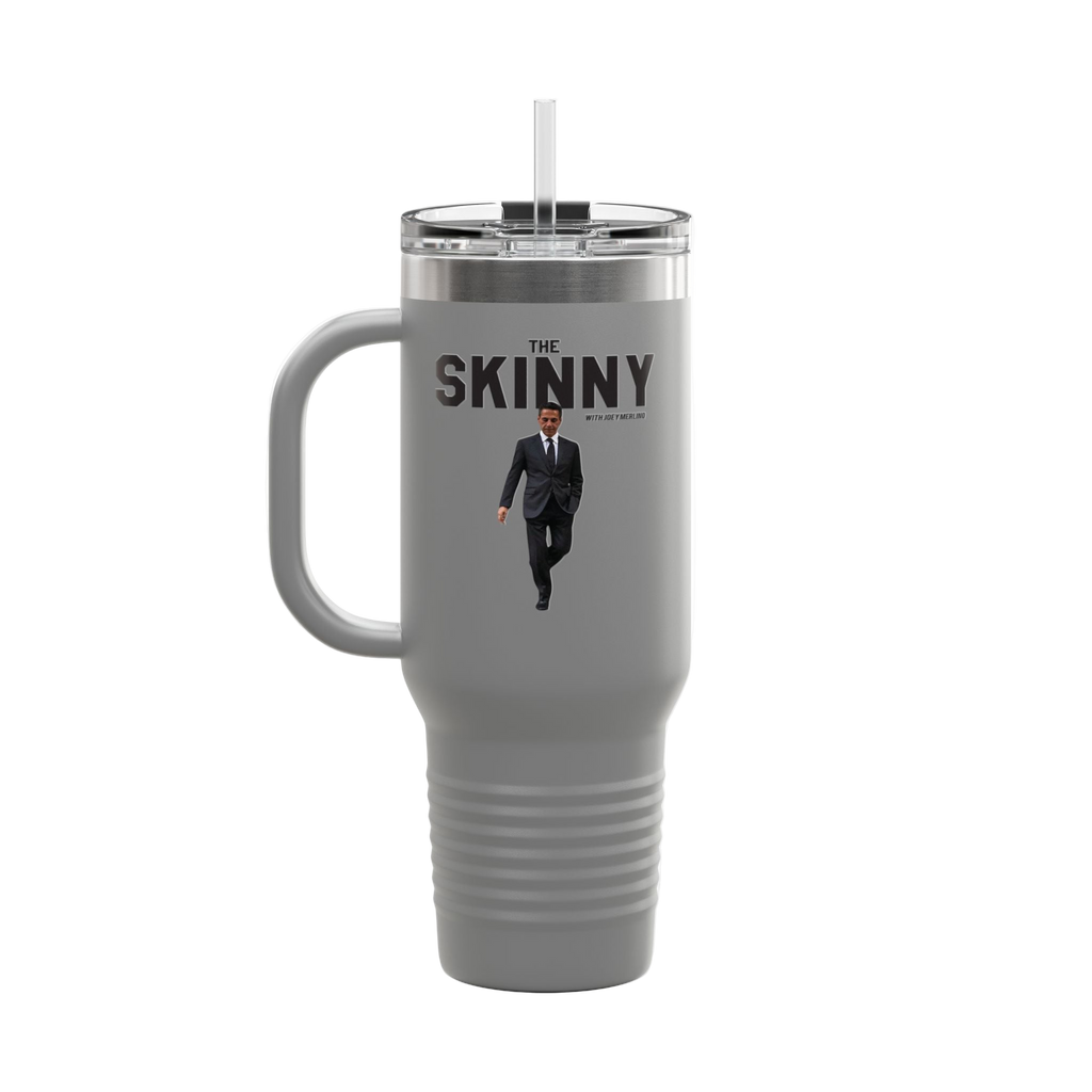 Gray travel mug with 'The Skinny' text and a person in a suit on a white background