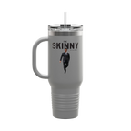 Gray travel mug with 'The Skinny' text and a person in a suit on a white background