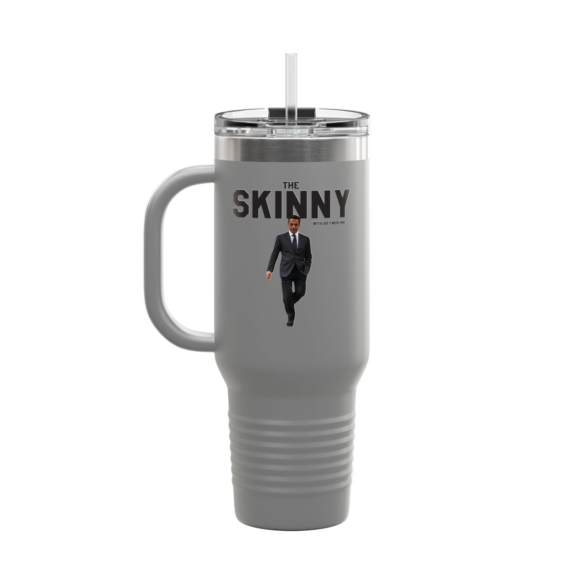 Gray travel mug with 'The Skinny' text and a person in a suit on a white background