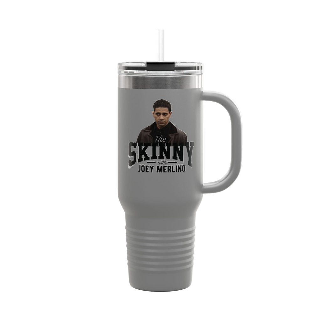 Gray travel mug with a handle featuring a person and text on a white background